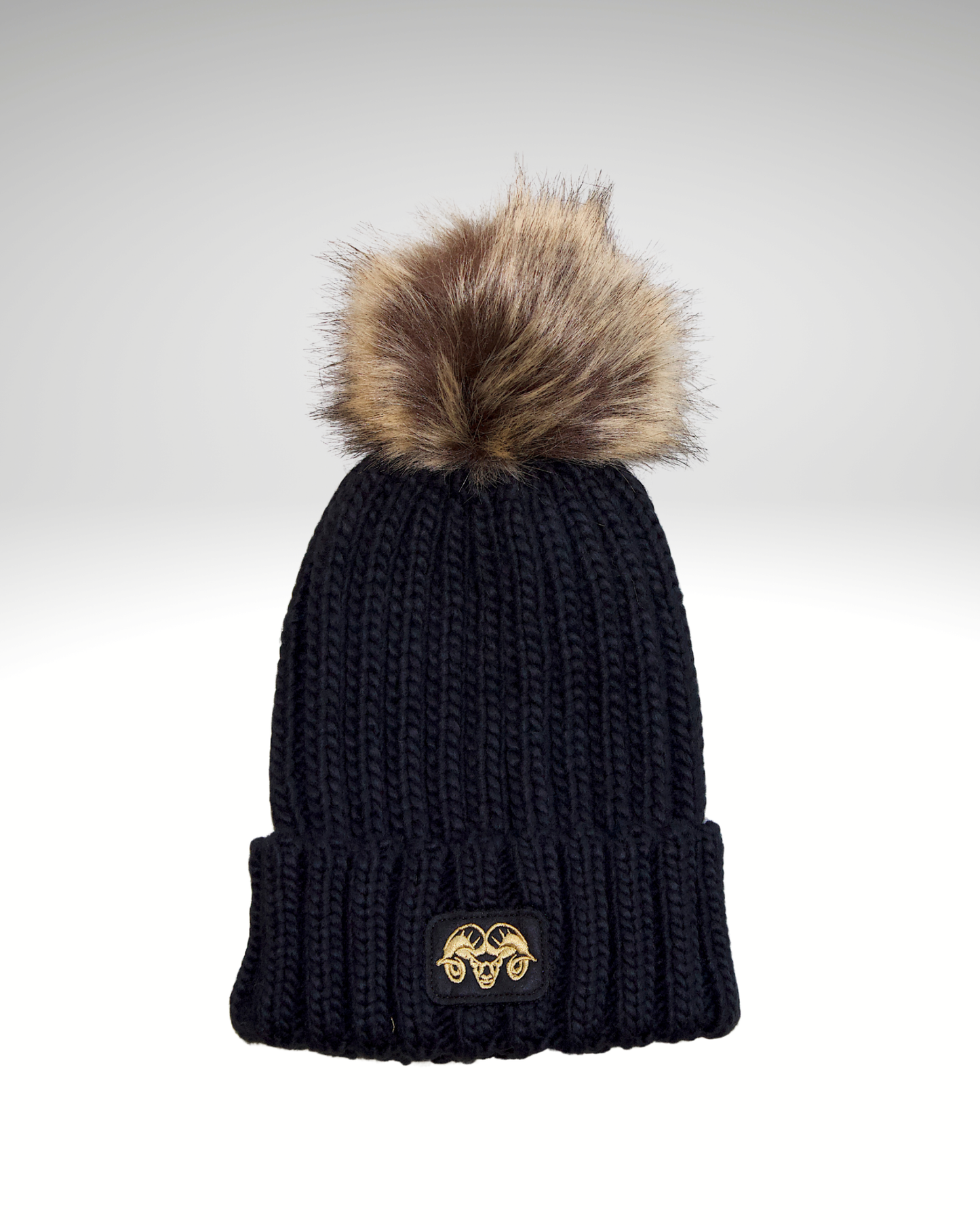 Bonnet noir logo doré grosse maille côtelée pompon marron