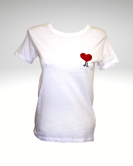 T-shirt femme blanc - JL Coeur pailleté