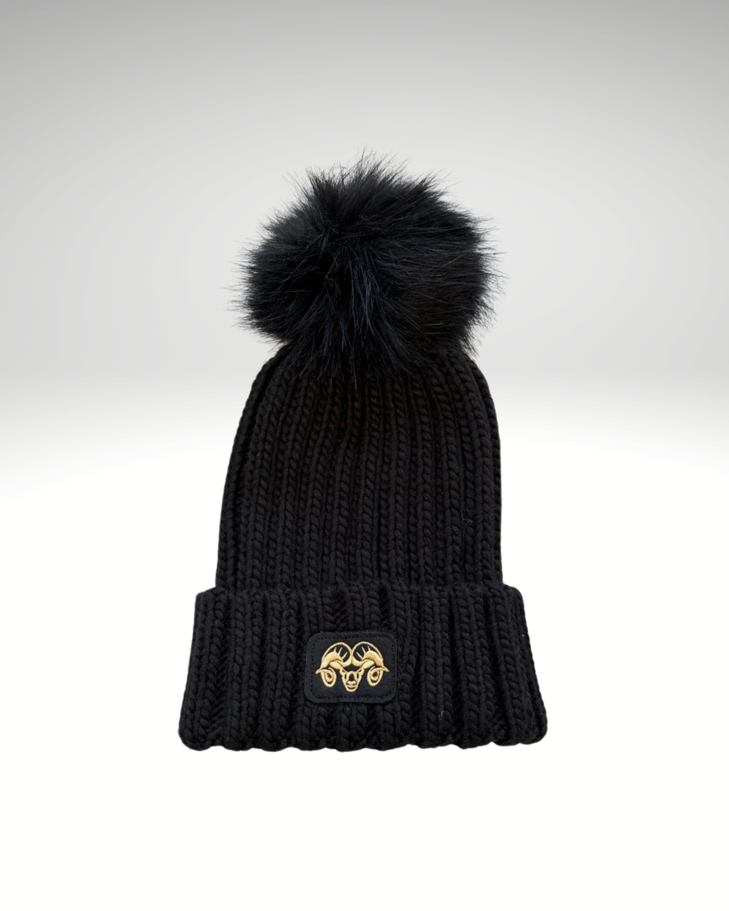Bonnet noir logo doré grosse maille côtelée pompon noir